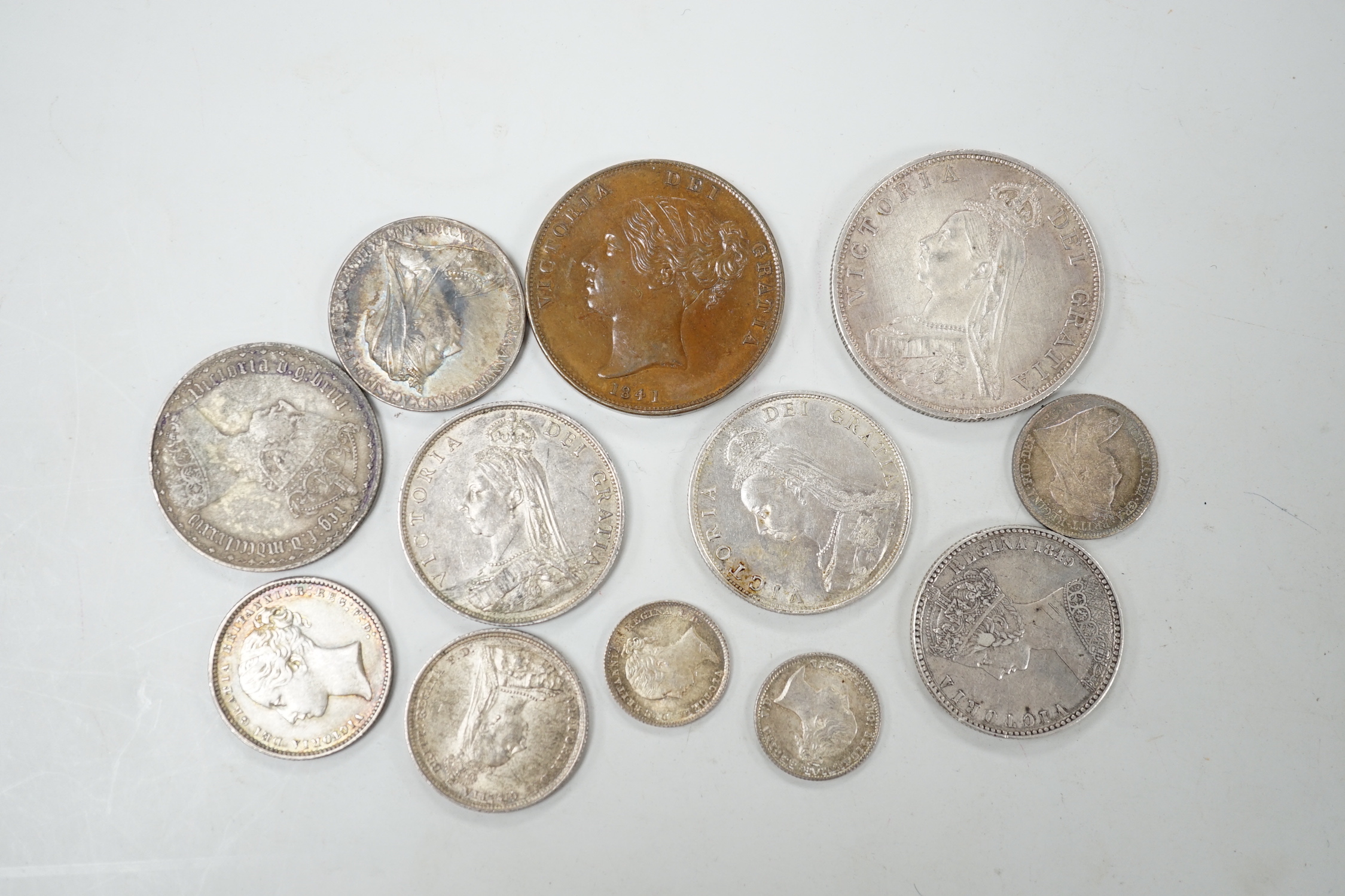 A Victoria double florin 1888 EF florin x 2, 6d 1901 UNC and 7 other Victoria coins and 1841 YH copper penny